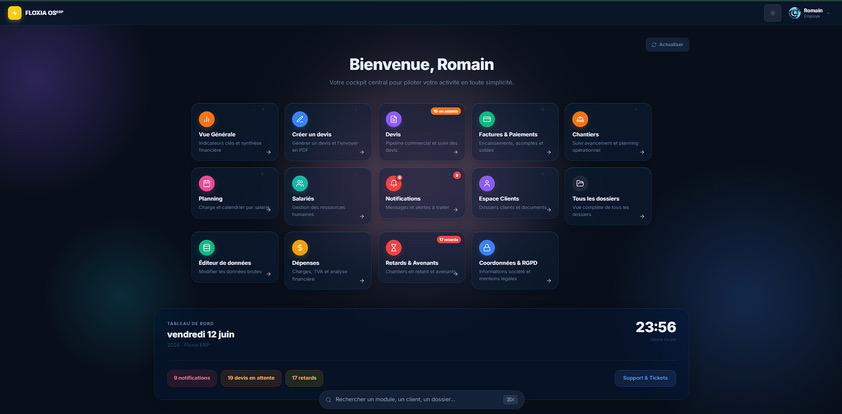 Tableau de bord FloxiaOS — cockpit de gestion pour artisans du bâtiment : devis, factures, chantiers, planning, relances et notifications